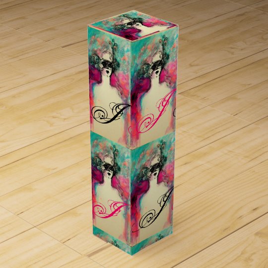 CHARM /Lady With Mask Monogram Pink Teal Green Wine Gift Box | Zazzle.co.uk