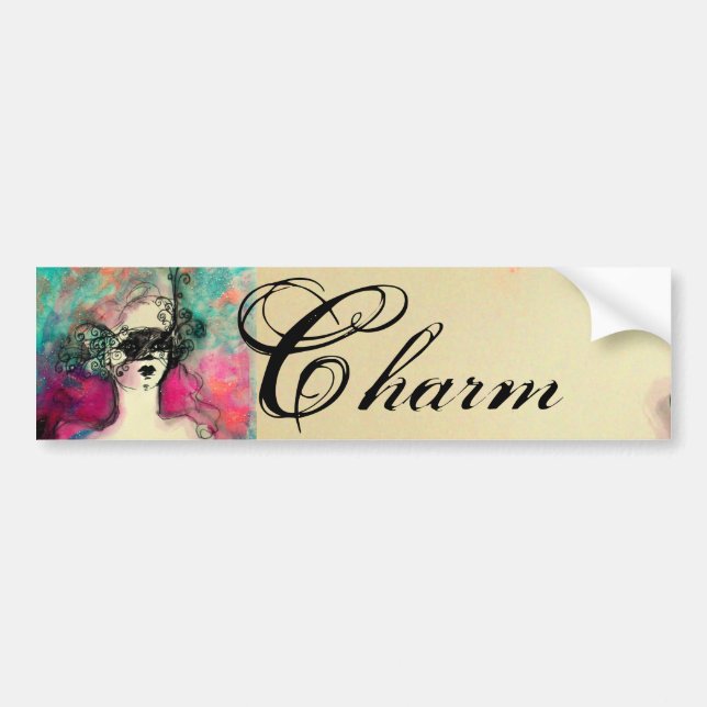 CHARM /Lady With Mask Pink Teal Green Bumper Sticker (Front)