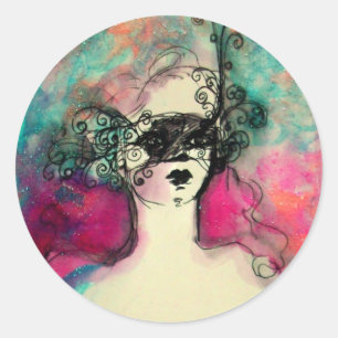 CHARM /Lady With Mask Pink Teal Green Classic Round Sticker