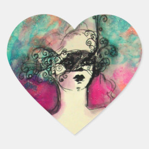 CHARM /Lady With Mask Pink Teal Green Heart Sticker