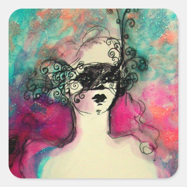 CHARM /Lady With Mask Pink Teal Green Square Sticker (Front)