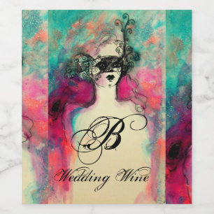CHARM /Lady With Mask Wedding Monogram Pink Teal Wine Label