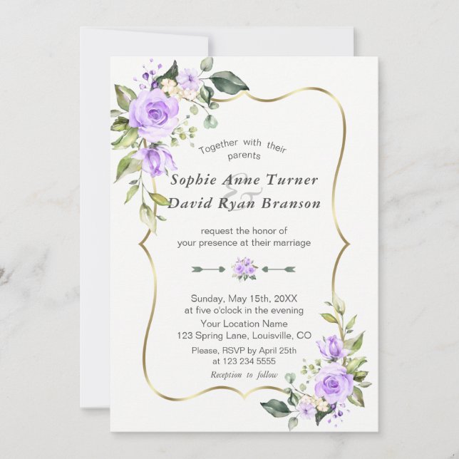 Charm Lavender Flowers Gold Frame Wedding Invitation (Front)