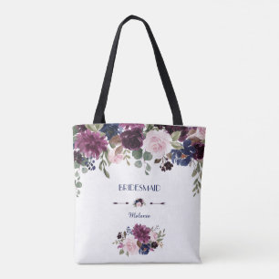 Charm Lavender Navy Blue Floral Bloom Bridesmaid Tote Bag