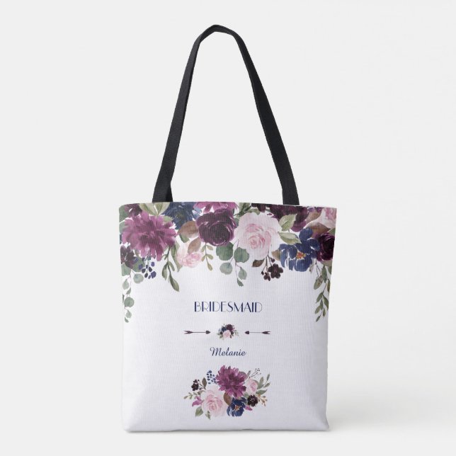 Charm Lavender Navy Blue Floral Bloom Bridesmaid Tote Bag (Back)