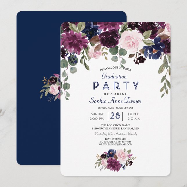 Charm Lavender Navy Blue Floral Bloom Graduation Invitation (Front/Back)