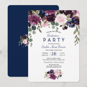 Charm Lavender Navy Blue Floral Bloom Graduation Invitation