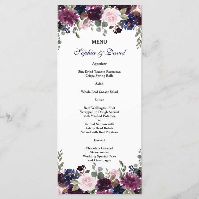 Charm Lavender Navy Blue Floral Bloom Menu (Front)
