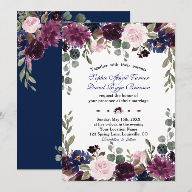 Charm Lavender Navy Blue Floral Bloom Wedding Invitation (Front/Back)