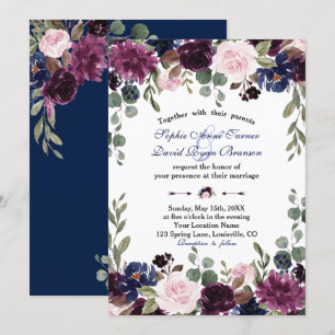 Charm Lavender Navy Blue Floral Bloom Wedding Invitation
