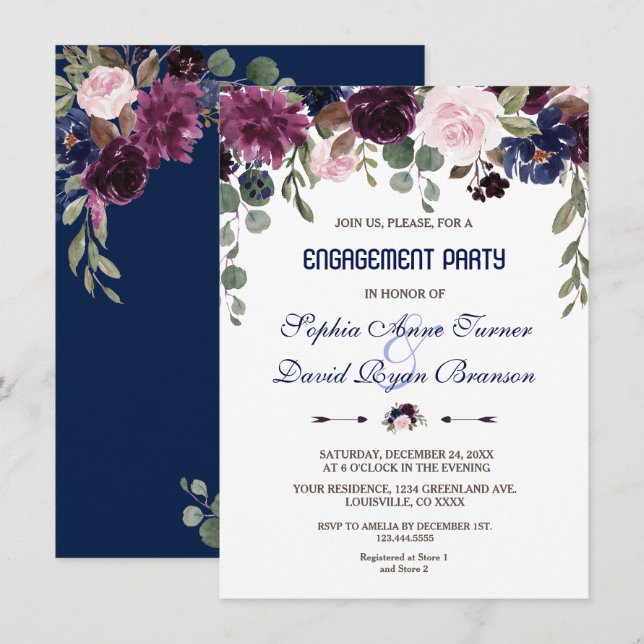 Charm Lavender Navy Blue Floral Engagement Party Invitation (Front/Back)