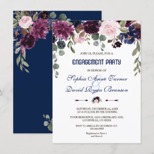 Charm Lavender Navy Blue Floral Engagement Party Invitation