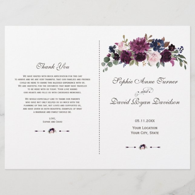 Charm Lavender Navy Floral Bloom Wedding Program (Front)