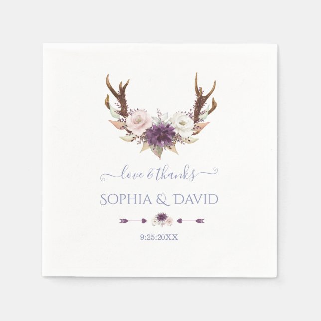 Charm Lavender Pink White Flowers Antlers Wedding Napkin (Front)
