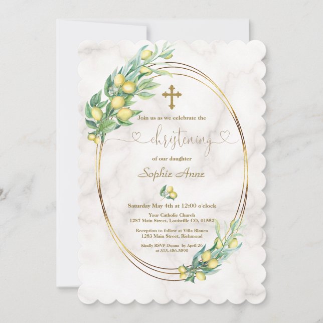 Charm Lemon Fruits Marble Calligraphy Christening Invitation (Front)