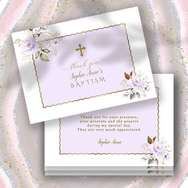 Charm Light Purple Gold Flowers Girl Baptism Thank You Card (floral baptism thank you, gold light purple baptism thank you, trendy elegant modern baptism card)