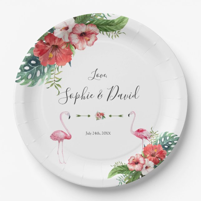 Charm Luau Flamingo Tropical Floral Wedding Paper Plate (Front)