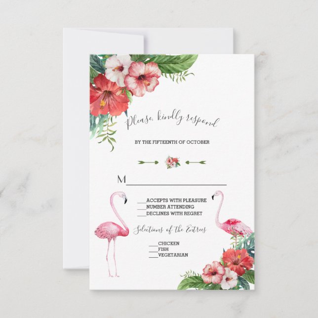 Charm Luau Flamingo Tropical Floral Wedding RSVP Card (Front)