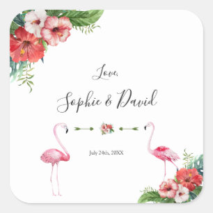 Charm Luau Flamingo Tropical Floral Wedding Square Sticker