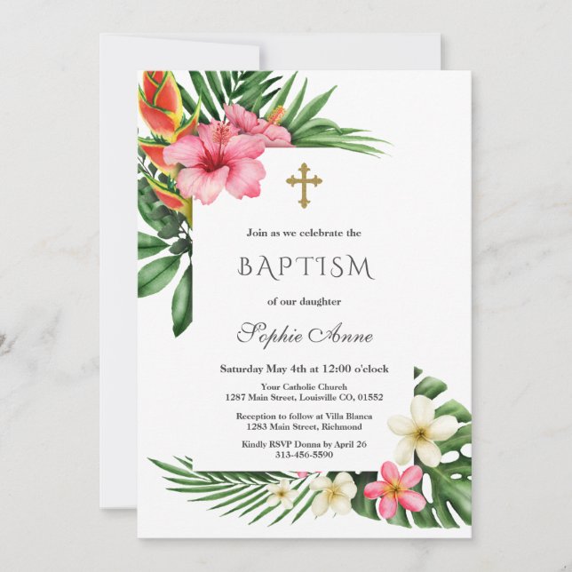 Charm Luau Tropical Hibiscus Floral Baptism Invitation (Front)