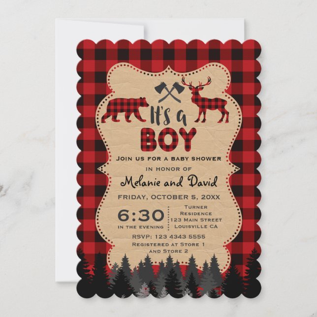 Charm Lumberjack Red Buffalo Boy Baby Shower Invitation (Front)