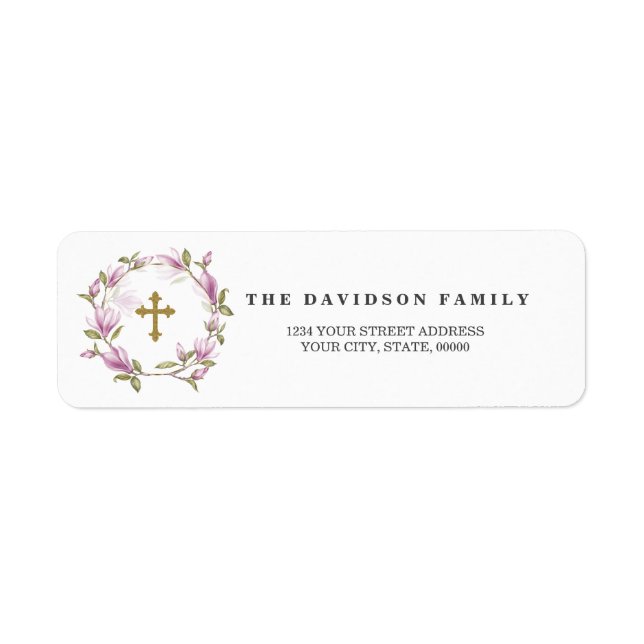 Charm Magnolia Flowers Gold Baptism Return Address (Front)