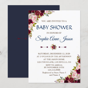 Charm Marsala Floral Fall Navy Blue Baby Shower Invitation