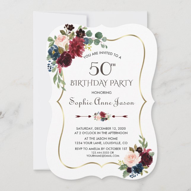Charm Merlot Navy Blue Floral 50th Birthday Invitation (Front)