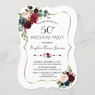Charm Merlot Navy Blue Floral 50th Birthday Invitation