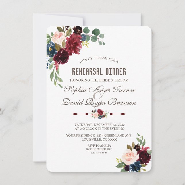 Charm Merlot Navy Blue Floral Rehearsal Dinner Invitation (Front)