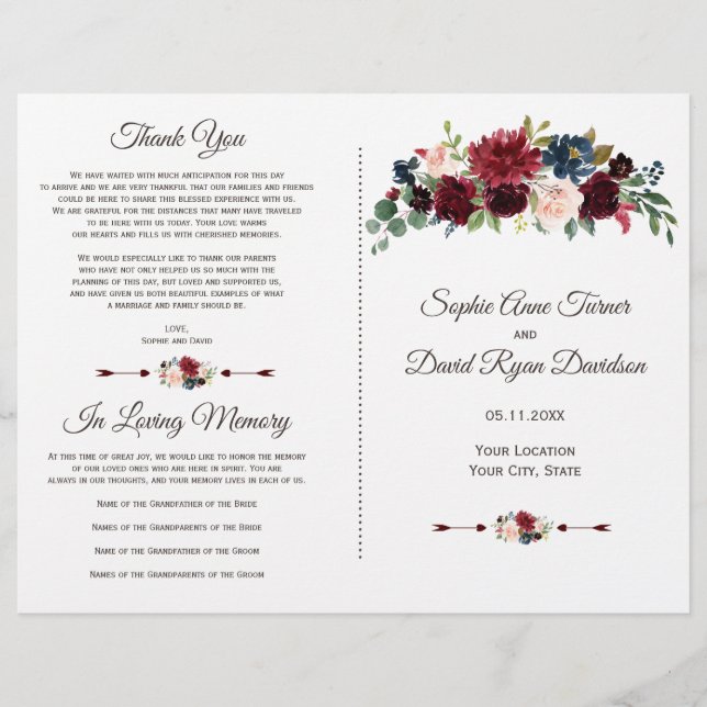 Charm Merlot Navy Blue Floral Wedding Program (Front)