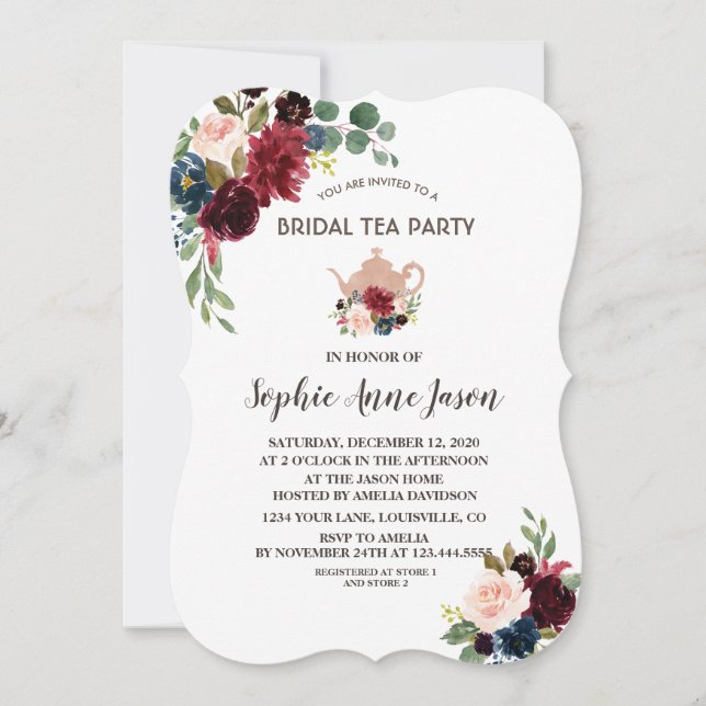 Charm Merlot Navy Floral Bridal Shower Tea Party Invitation (Front)