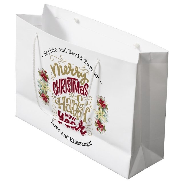 Charm Merry Christmas Happy New Year Typography Large Gift Bag (Front Angled)