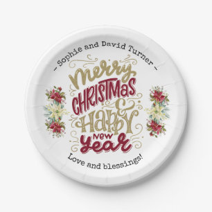 Charm Merry Christmas Happy New Year Typography Paper Plate