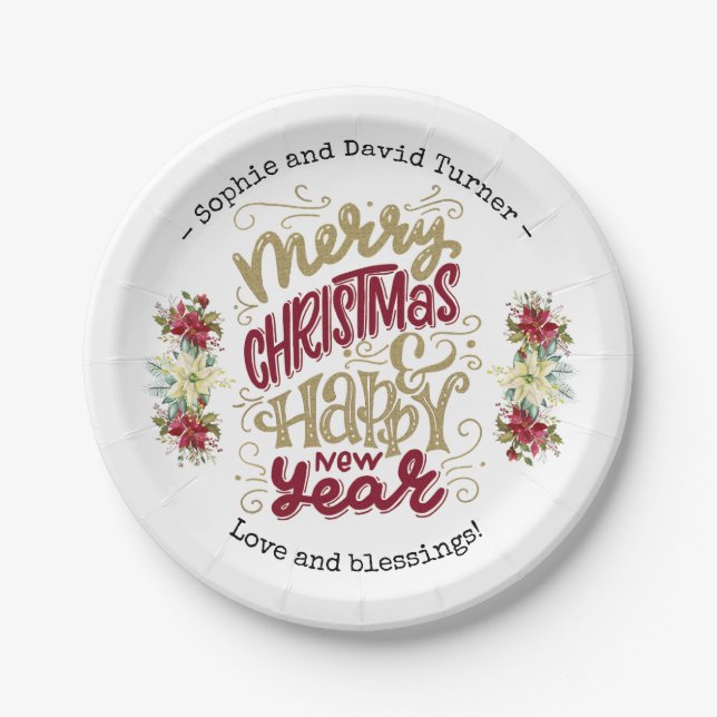 Charm Merry Christmas Happy New Year Typography Paper Plate (Front)