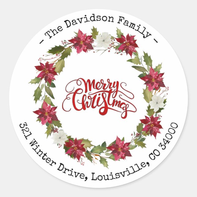 Charm Merry Christmas Red White Poinsettia Wreath Classic Round Sticker (Front)