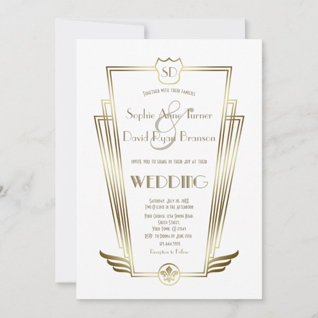 Charm Monogram Gold Art Deco White Wedding Invitation (Front)