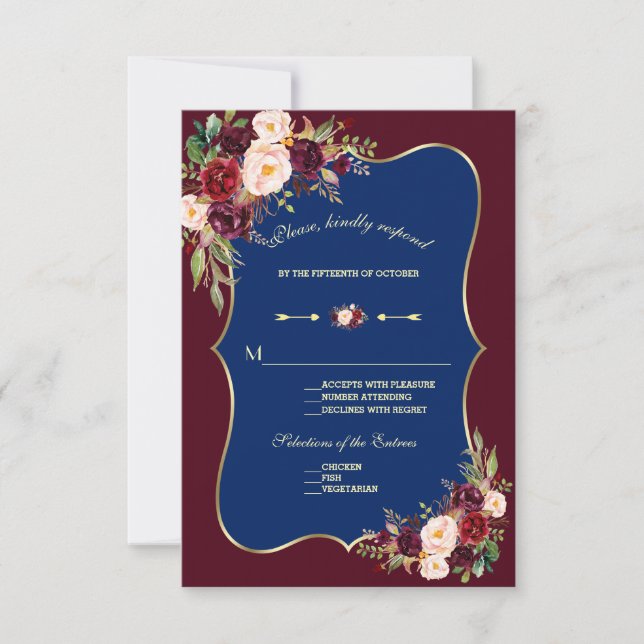 Charm Navy Blue Burgundy Floral Gold Wedding RSVP (Front)