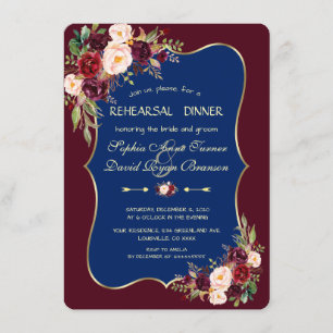 Charm Navy Blue Burgundy Floral Rehearsal Dinner Invitation