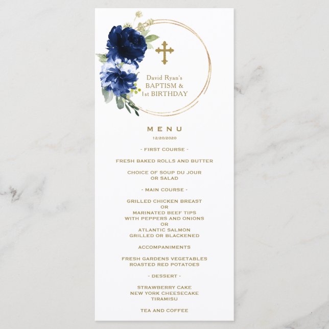 Charm Navy Blue Floral 1st Birthday & Baptism Menu (Front)