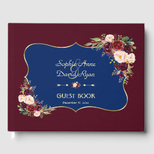 Charm Navy Blue Gold Burgundy Floral Wedding Guest Book
