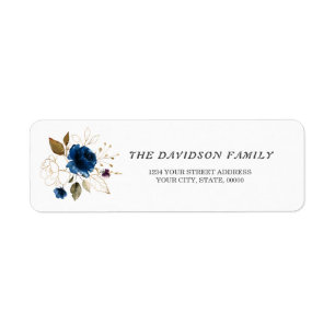 Charm Navy Blue Gold Floral Baptism Return Address