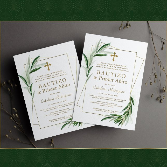 Charm Olive Gold Spanish Girl 1st Birthday Baptism Invitation (Creator Uploaded)