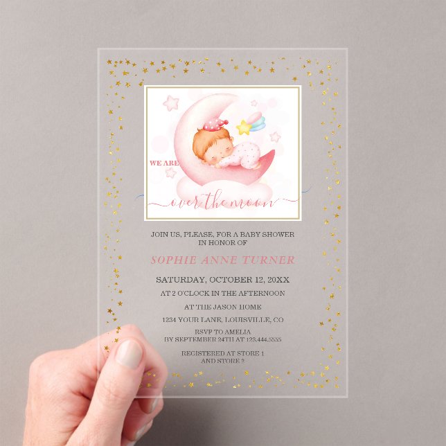 Charm Over the Moon Girl Calligraphy Baby Shower  Acrylic Invitations (Insitu (Handheld))