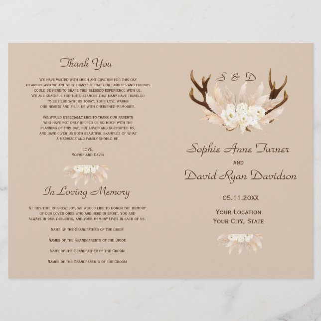 Charm Pampas Grass Floral Antlers Wedding Program Flyer (Front)