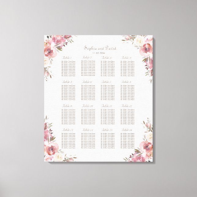 Charm Peach Peonies Pink Seating Chart Canvas Print (Front)
