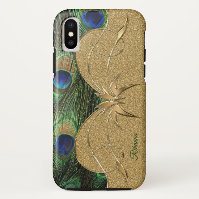Charm  Peacock Feathers Golden Custom Monogram Case-Mate iPhone Case (Back)