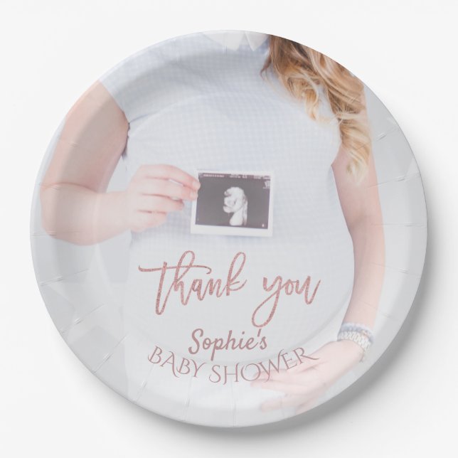 Charm Photo Baby Shower Rose Gold Thank you Paper Plate (Front)