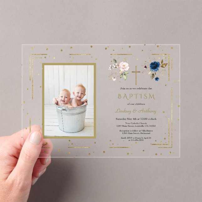 Charm Pink Blue Floral Twins Photo Baptism Acrylic Invitations (Insitu (Handheld))