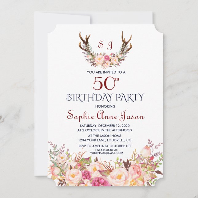 Charm Pink Blush Floral Antlers 50th Birthday Invitation (Front)